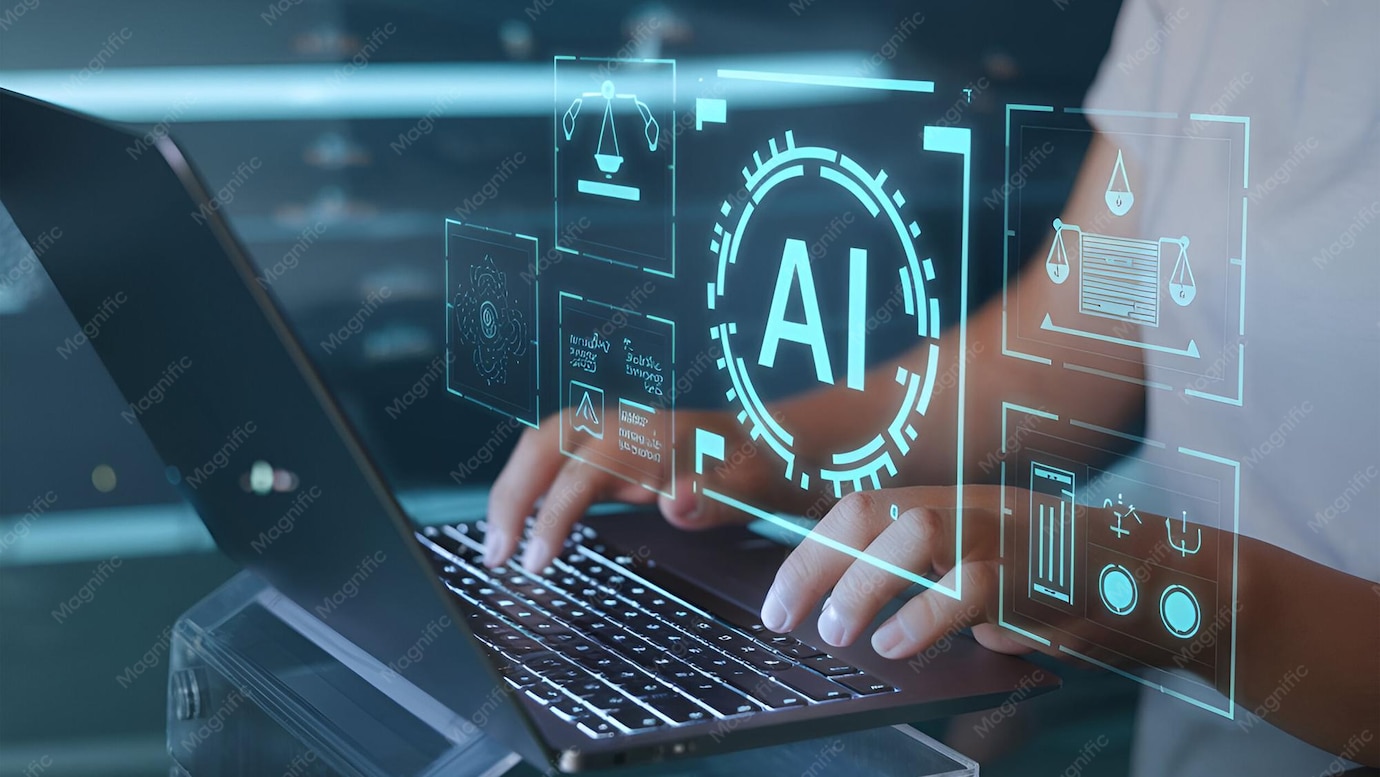Premium Futuristic AI Technology Hands Typing on Laptop