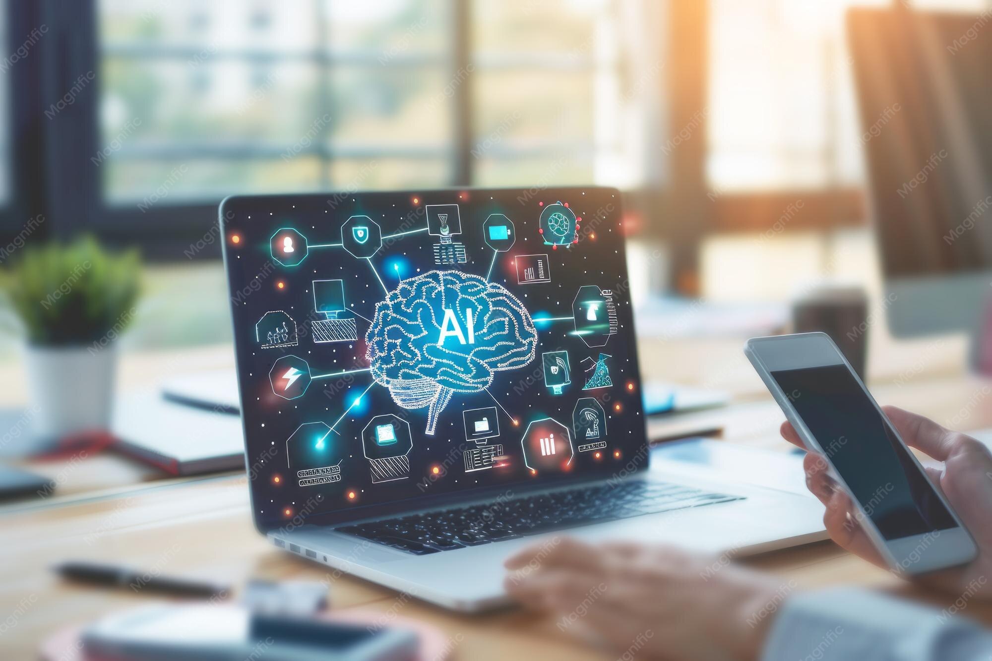 Futuristic artificial intelligence concept on a laptop Premium AI