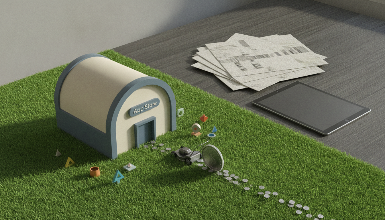 A small App Store building sits on grass beside scattered geometric pieces, a coin path, papers, and a tablet on a gray desk.