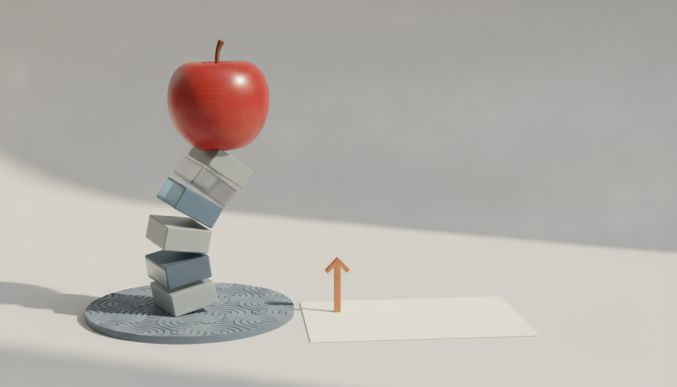 A red apple balances on a tilted stack of blocks beside a small upward arrow and a blank rectangle.