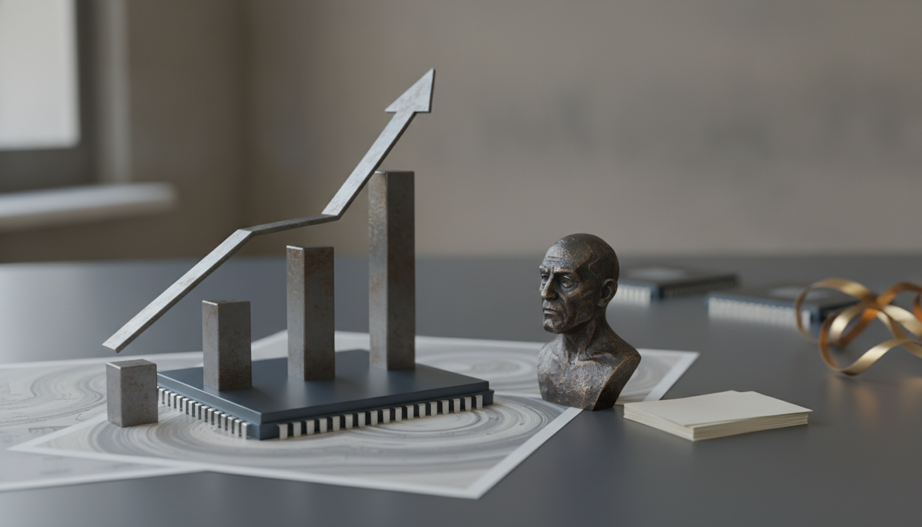 An abstract metal bar chart with an upward arrow sits beside a small bust sculpture, papers, and a ribbon.