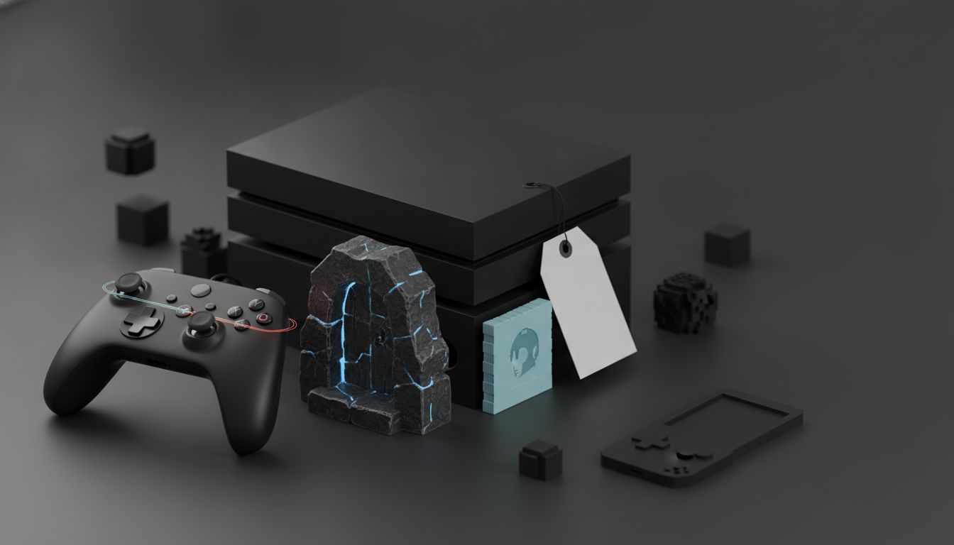 black game controller beside a stacked black console, with a glowing stone, hanging tag, and small blocky shapes on a dark surface