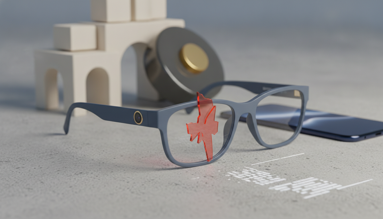 blue eyeglasses with a red crack on one lens beside a dark phone, with white blocks and a round object in the background