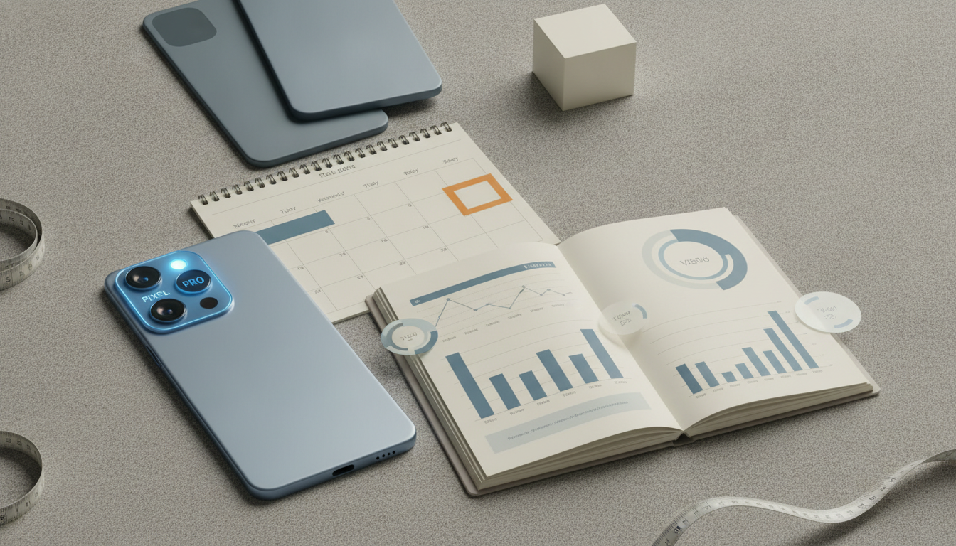 A blue smartphone, open notebook with charts, spiral calendar, small cube, and measuring tape lie on a gray tabletop.