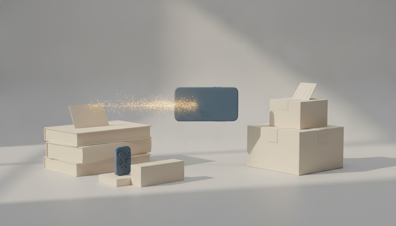 cream-colored boxes and books sit on a gray surface with a blue phone-like rectangle floating between them and sparkles drifting across.