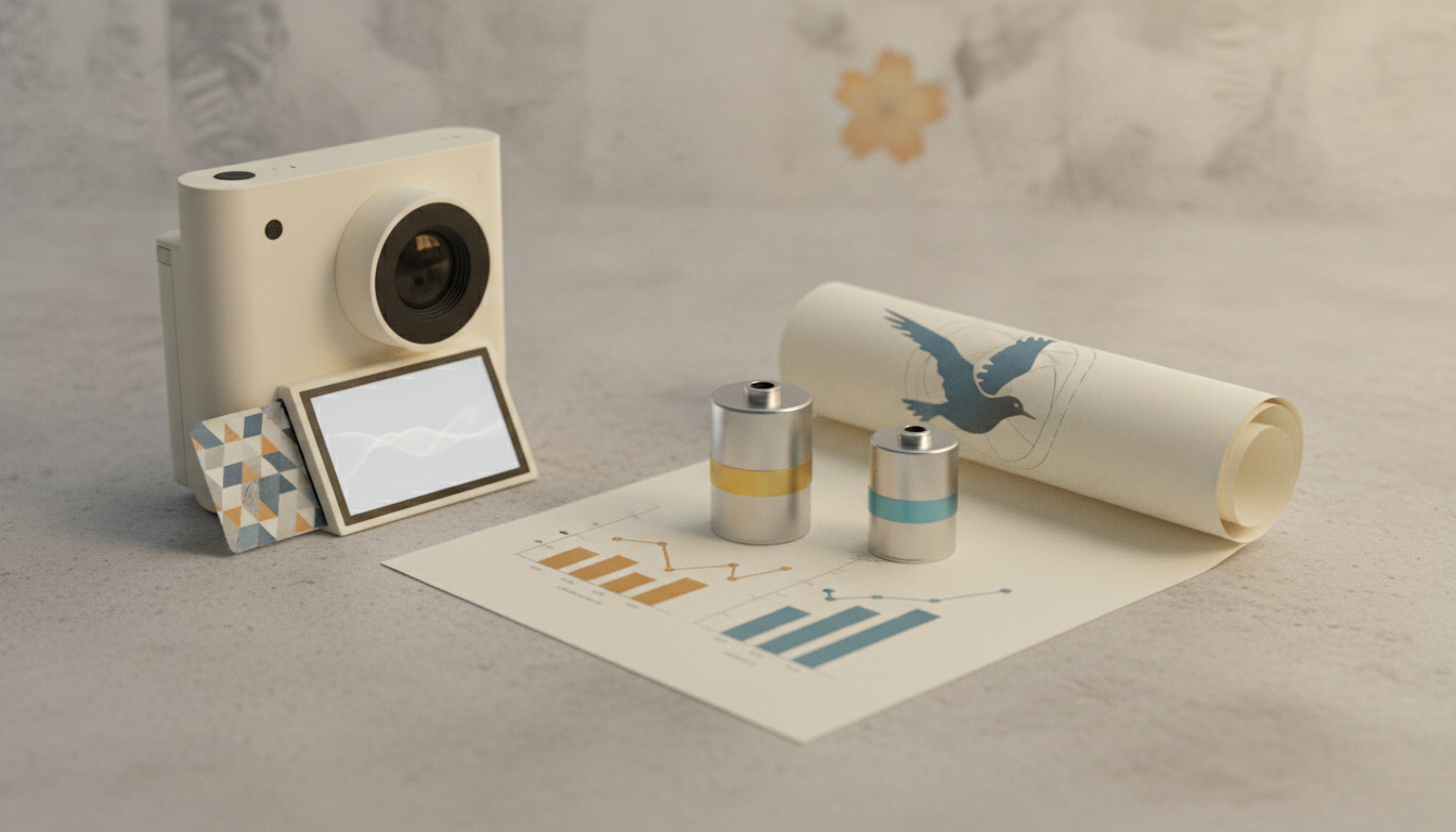a cream camera, two small metal cylinders, a rolled poster with a bird graphic, and charts on the floor