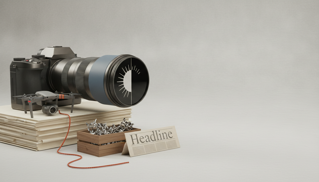 A camera with a large lens sits on stacked papers beside a small drone, a wooden box of crumpled metal, and a newspaper labeled Headline.