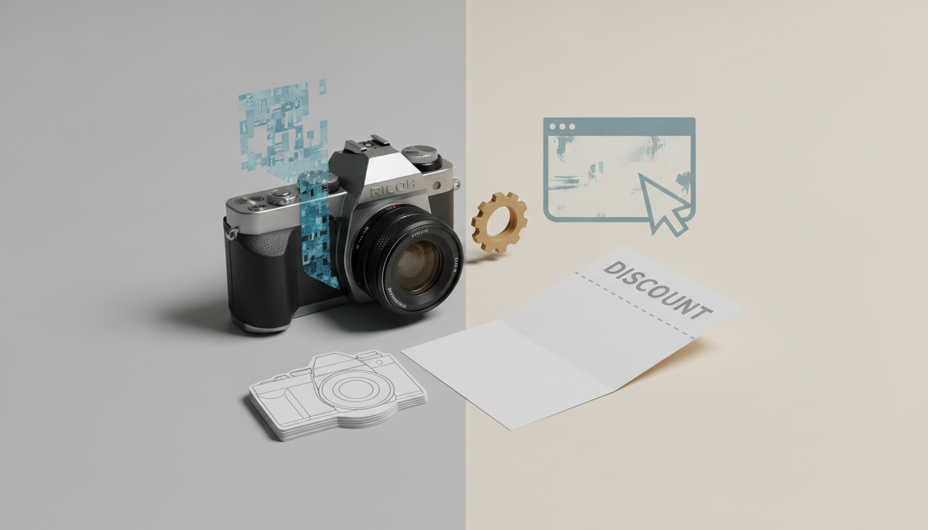 a camera sits beside a gear, a browser window icon, a discount tag, and a camera outline on a split gray and beige background