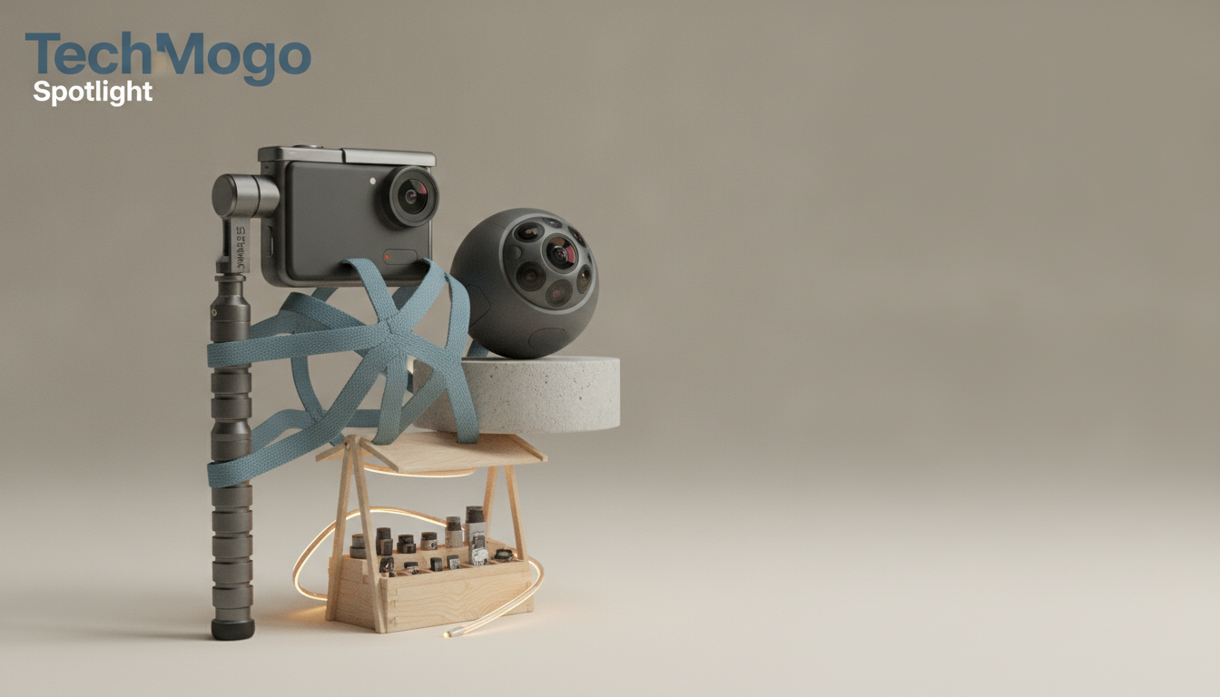 A small camera rig with a mounted camera, a round device, blue straps, and a wooden stand with a glowing cable on a plain beige background.