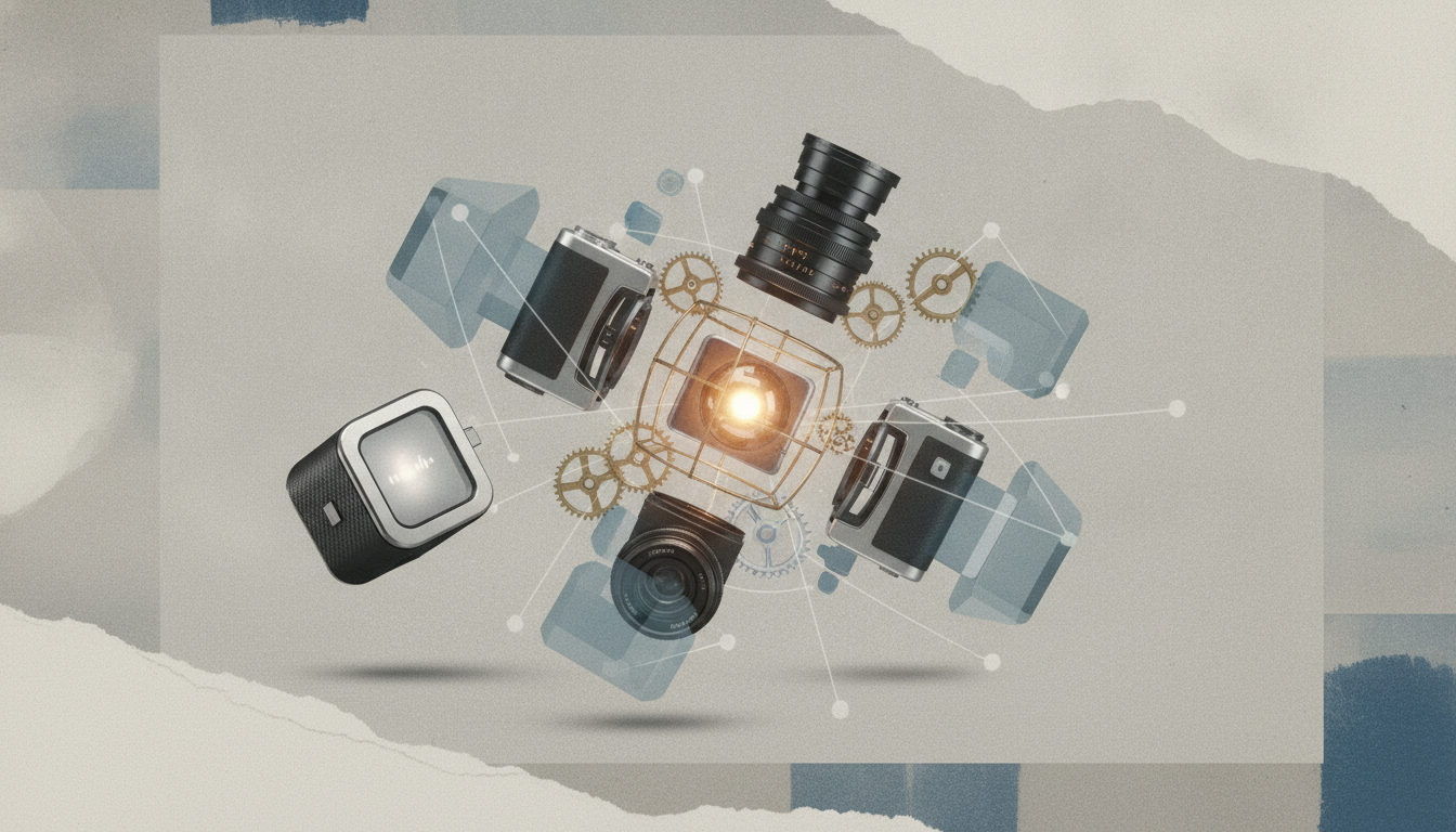 Several cameras, lenses, and gears orbit a glowing center on a neutral background.