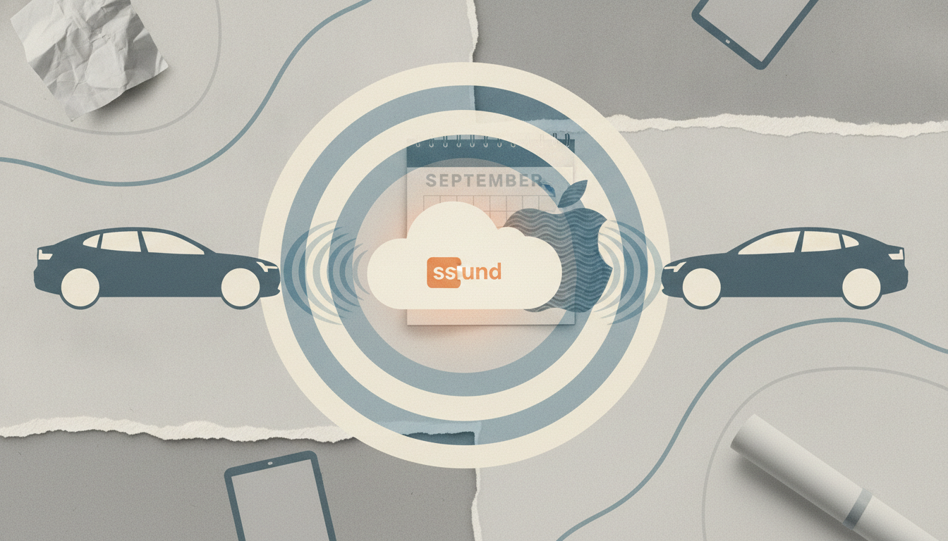 Two cars face inward toward concentric rings around a cloud, with a calendar, phone outline, and paper scraps in the background.