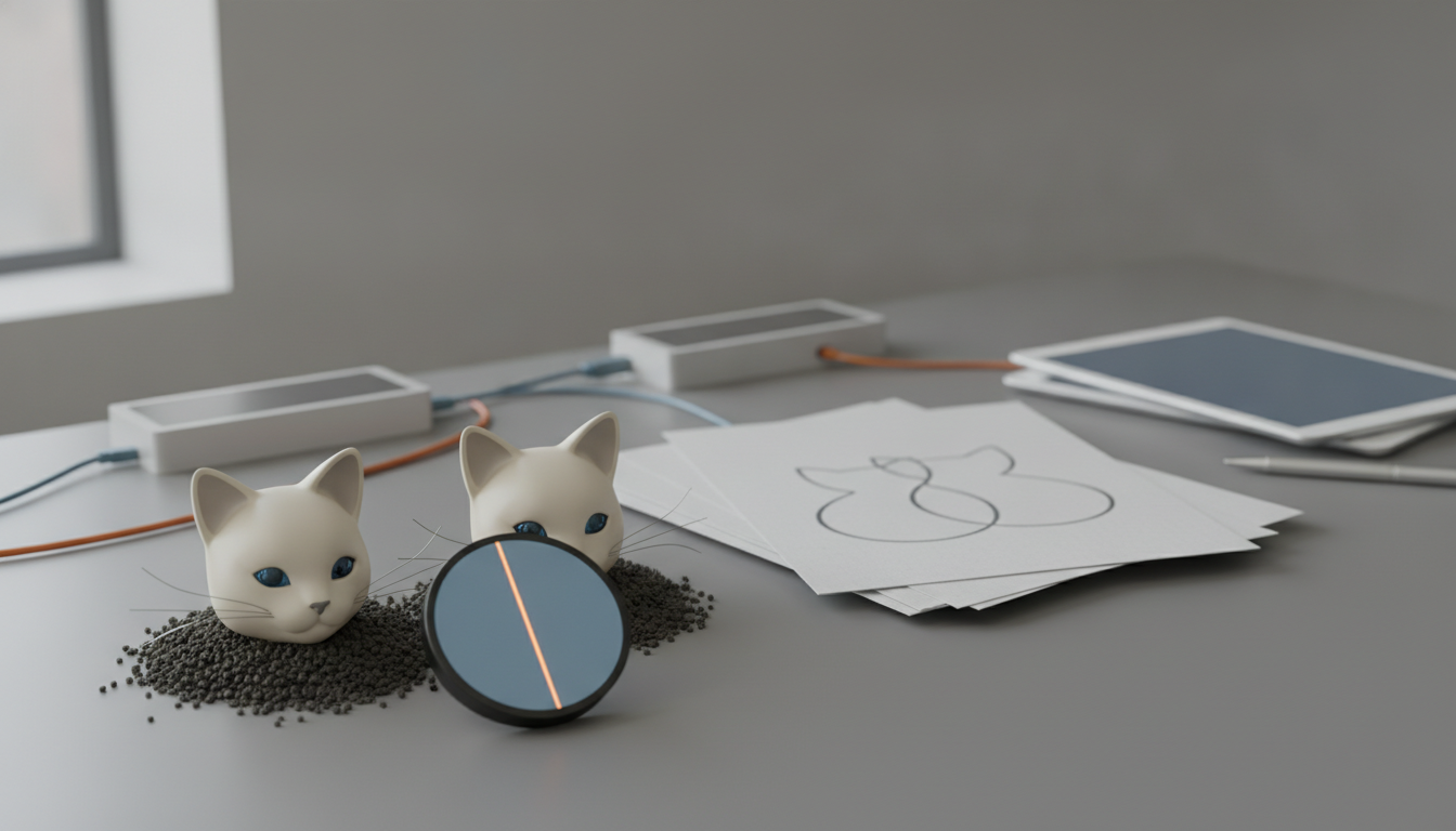 two cat heads beside a round mirror, scattered dark pellets, papers with sketches, and small devices on a gray table