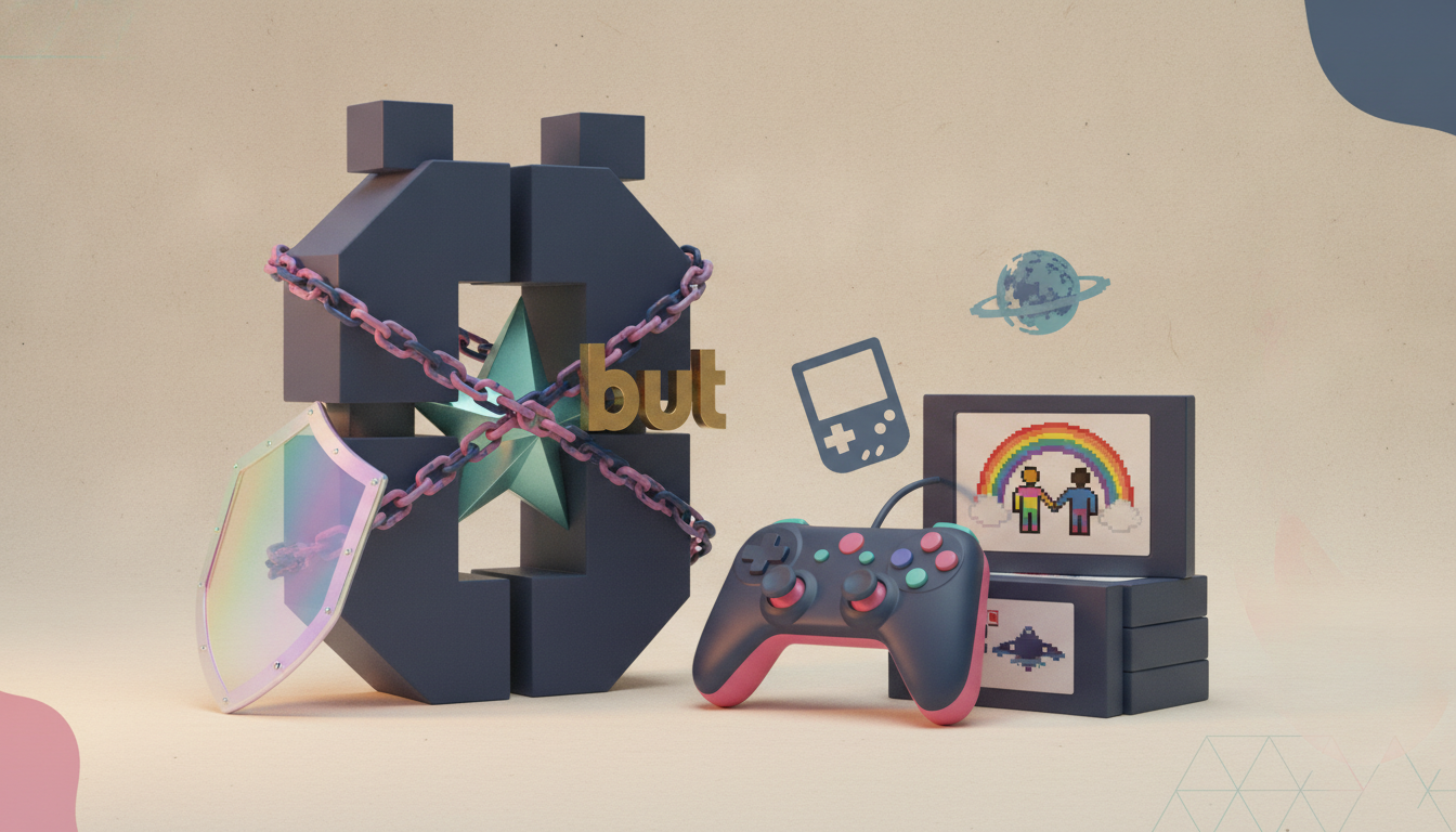 Dark block letters wrapped in pink chains with a shield and star, beside a game controller, handheld console icon, and small screens with rainbow and pixel art.