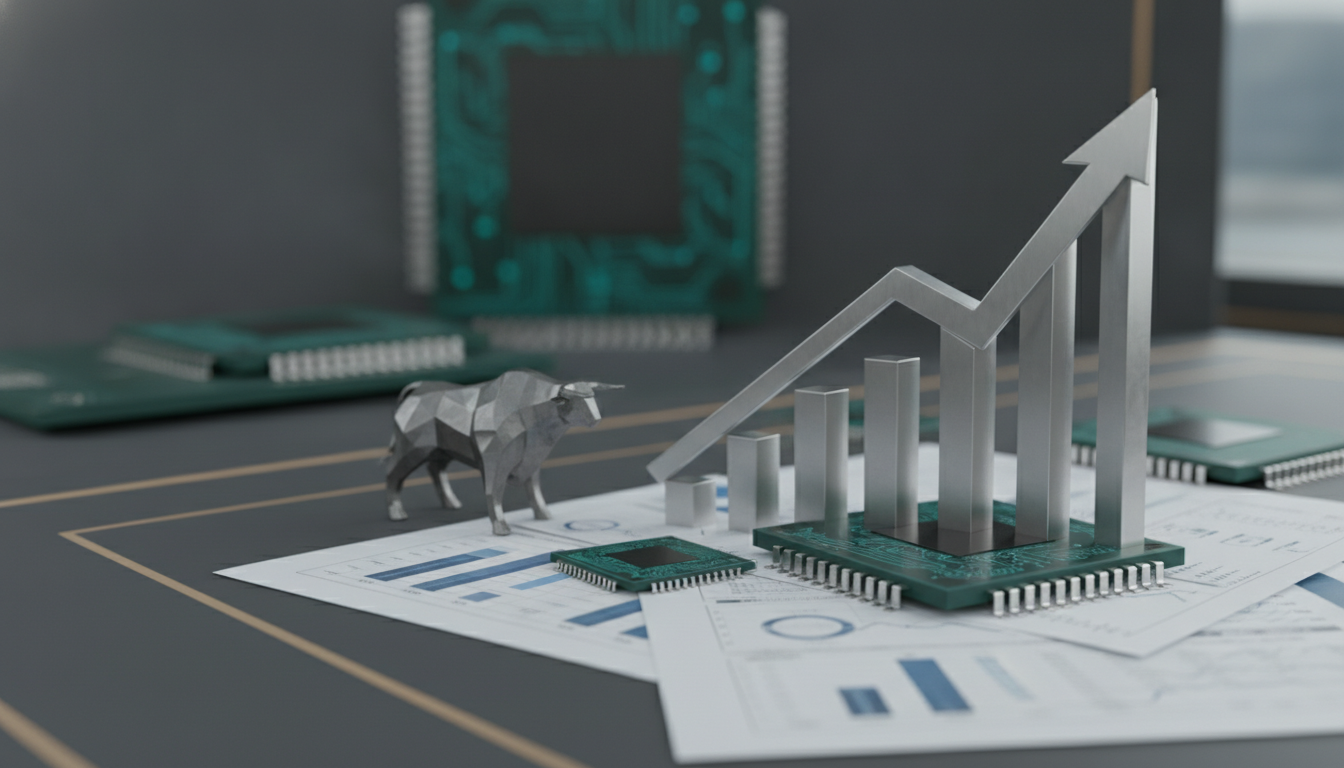 silver upward chart rising from a circuit board beside a small geometric bull and papers with blue graphs