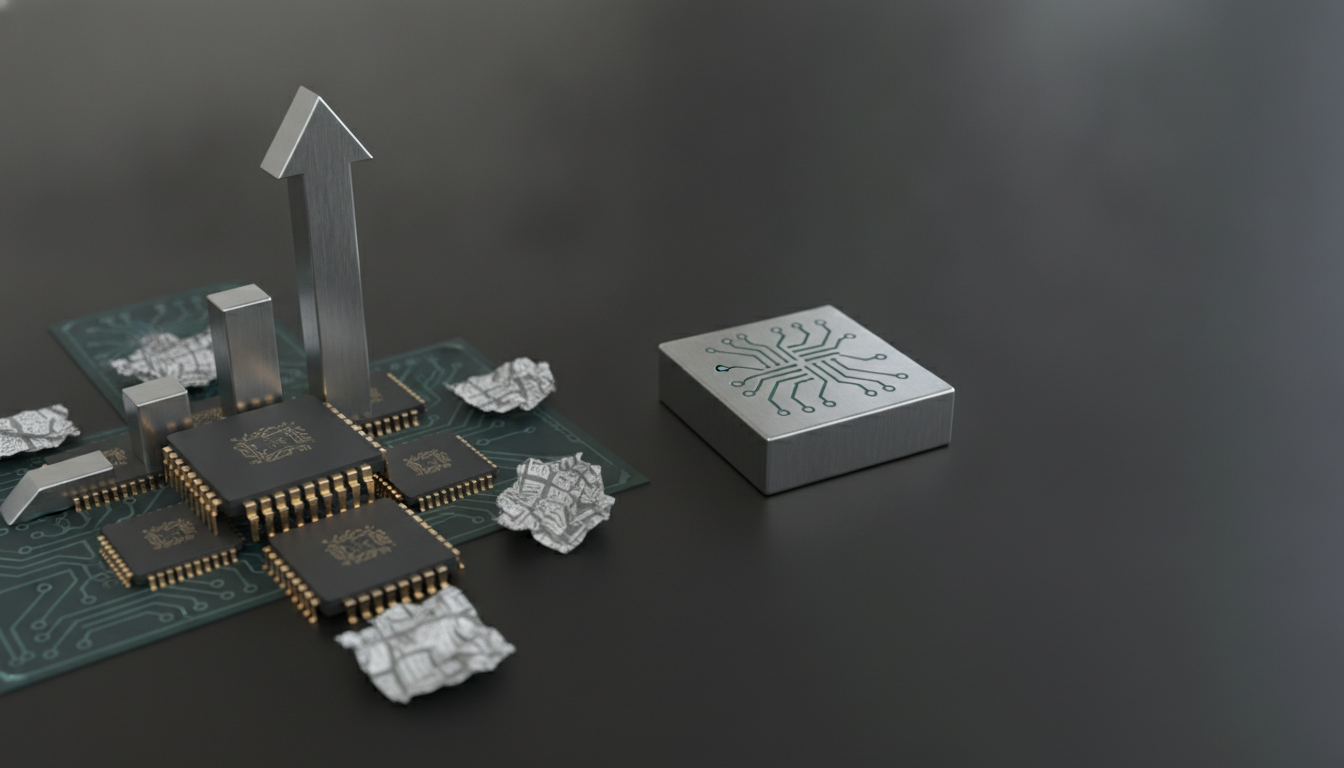 a circuit board with black chips, a tall upward arrow, crumpled paper bits, and a silver block nearby