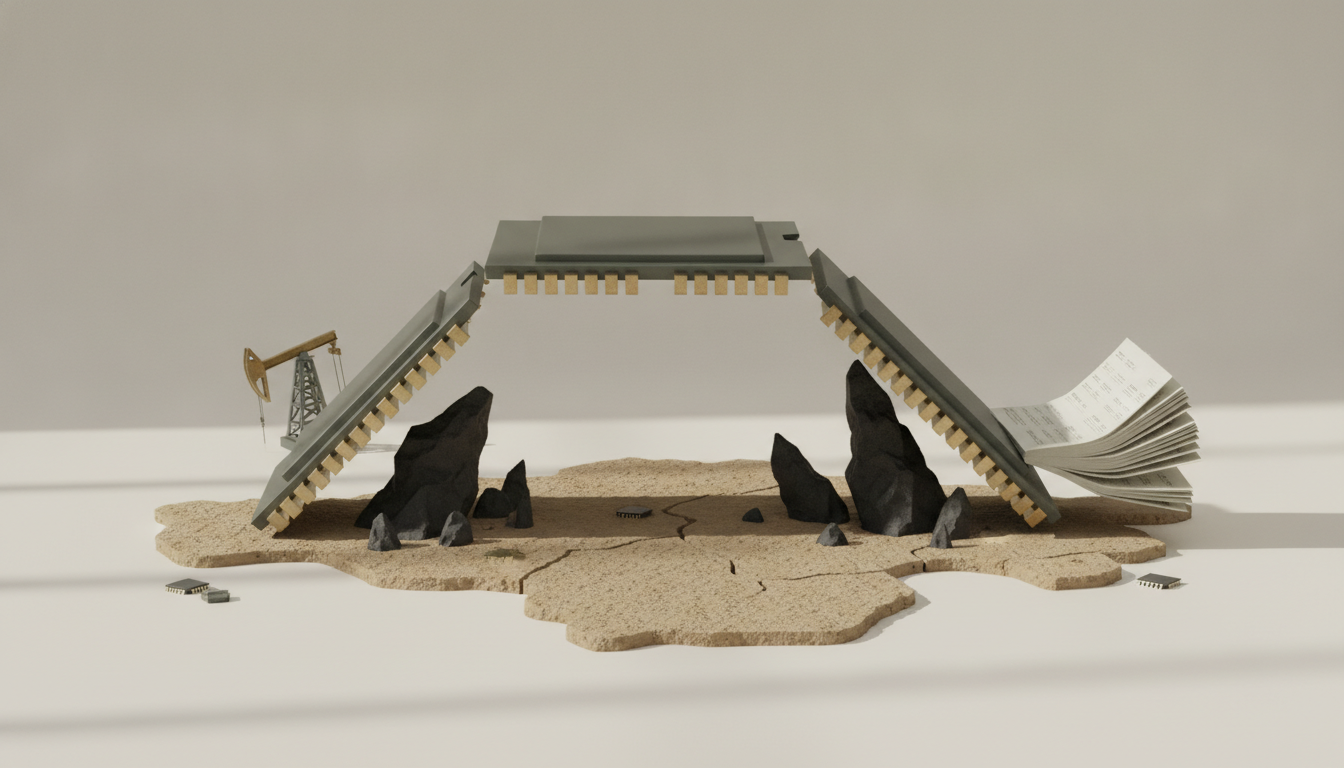 A cracked sandy surface holds several dark jagged rocks beneath angled gray panels, with a small oil pump on the left and stacked papers on the right.