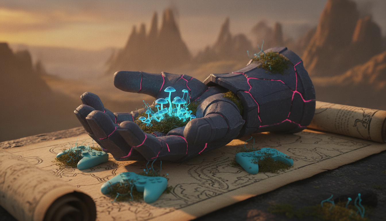 A cracked stone hand with glowing pink lines holds bright blue mushrooms on a rolled map.