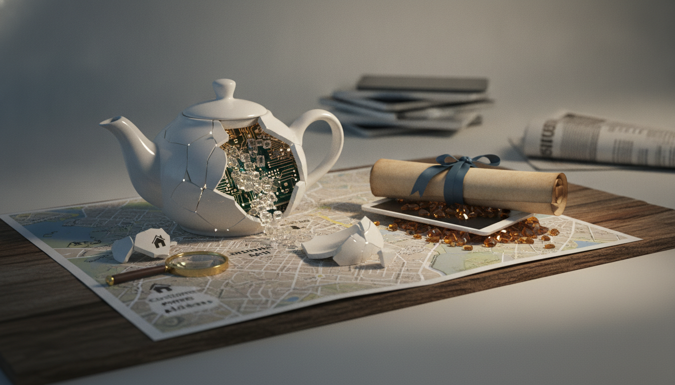 A cracked white teapot reveals circuitry inside beside a rolled map, magnifying glass, and scattered glass on a wooden table.