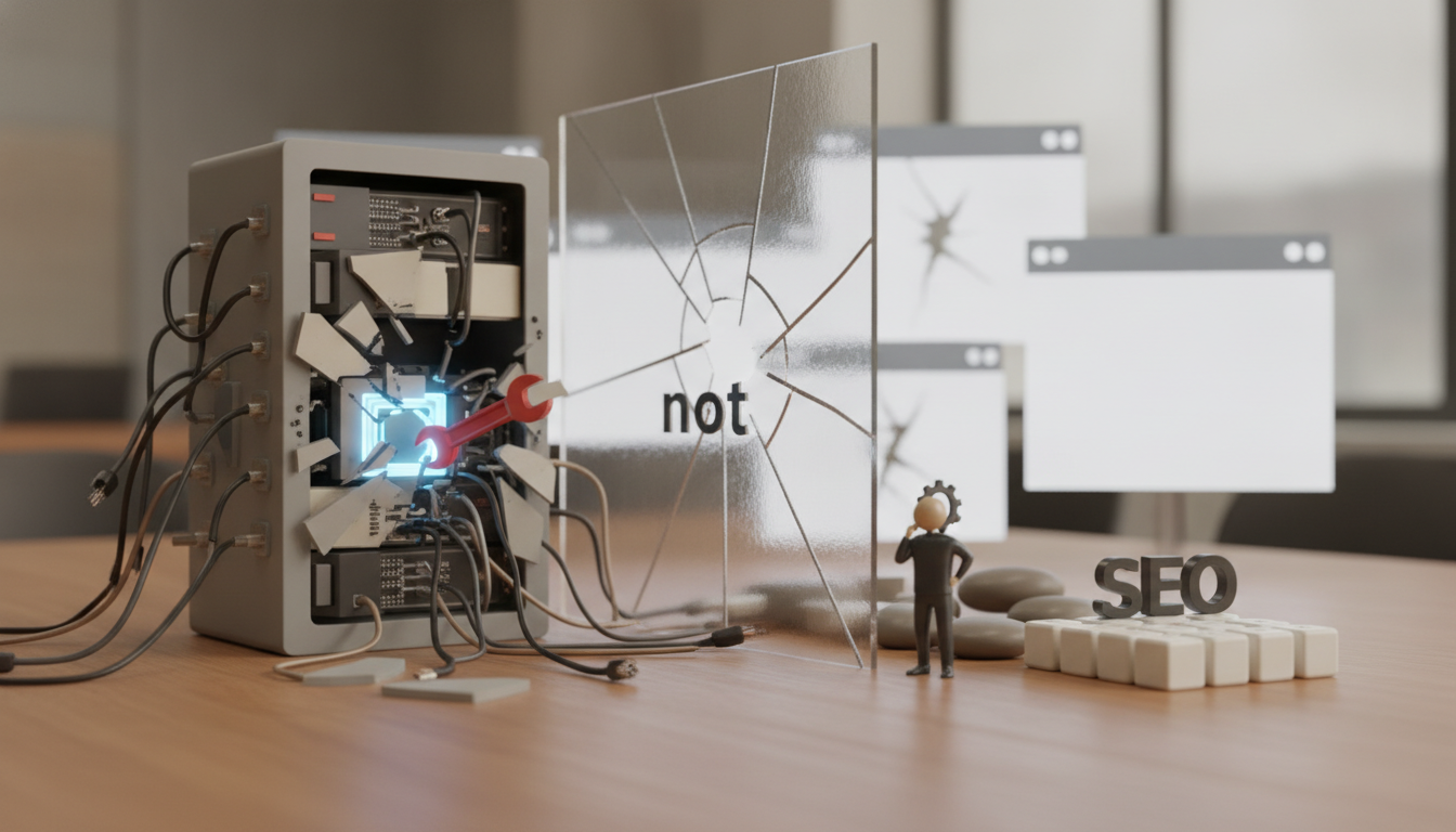 A damaged box with exposed wires, a cracked clear panel labeled not, a small figure, and stacked letters SEO on a wooden surface.