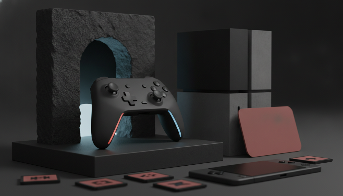 A dark gaming controller stands on a platform beside stone-like blocks, a phone, and several small square tiles on a dark surface.