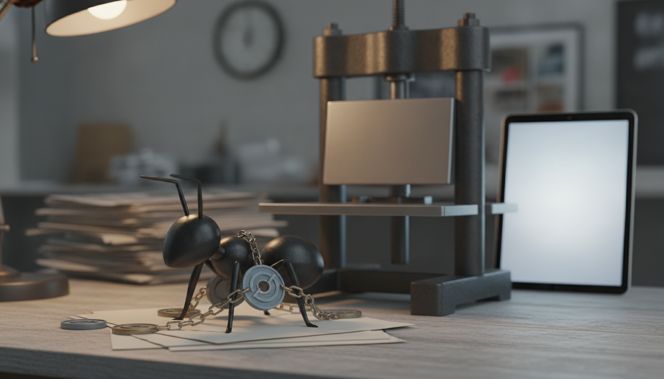 a small black ant figurine wrapped in chains sits on paper beside metal rings, a press, and a tablet on a desk