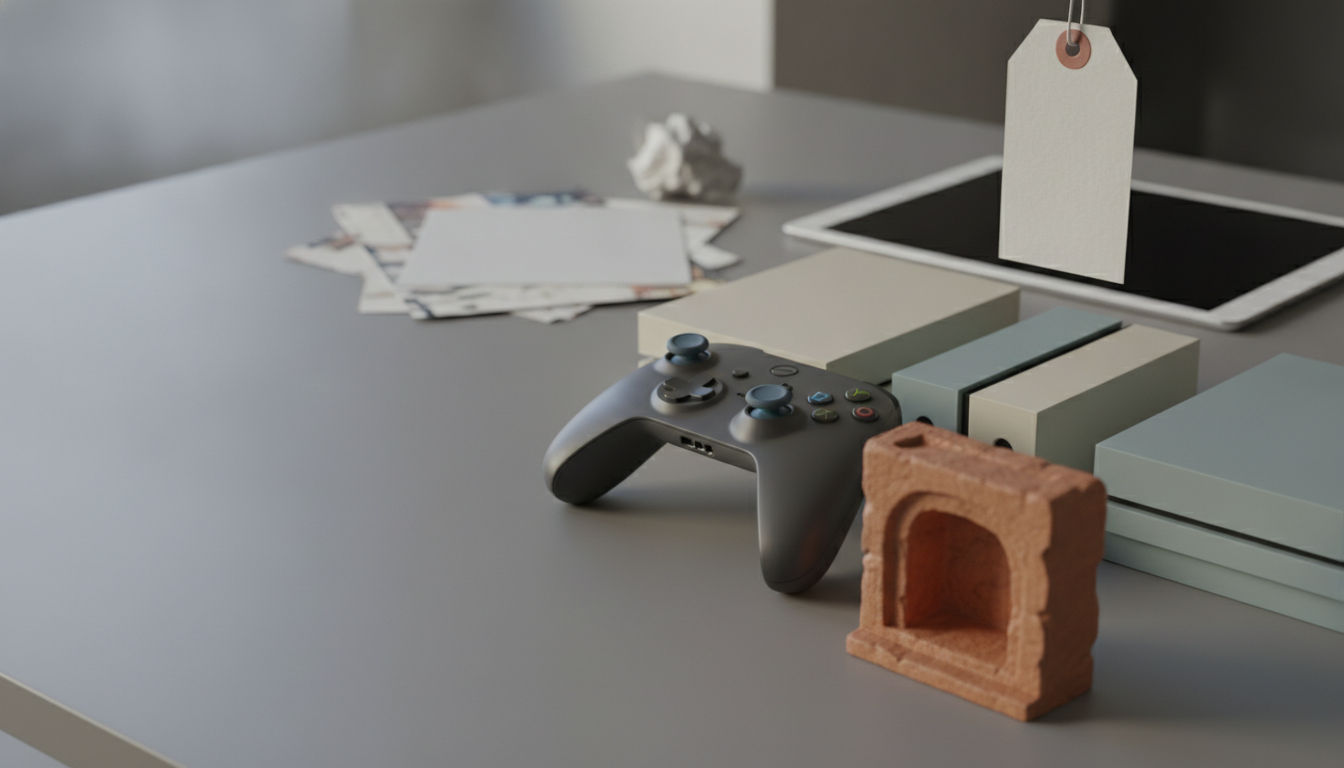 A gray desk holds a game controller, stacked books, a tablet, a hanging blank tag, papers, and a crumpled tissue.