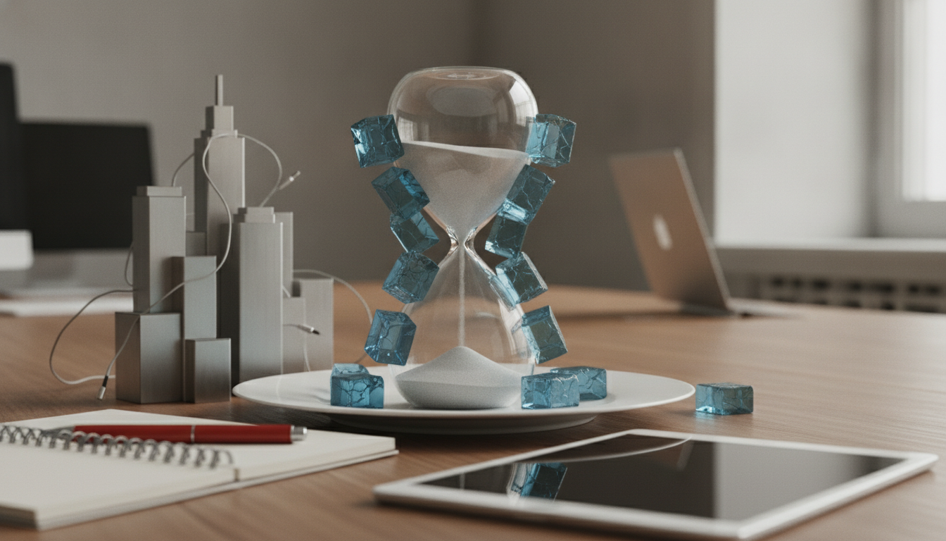 An hourglass stands on a white plate with blue glass cubes around it on a wooden desk with a notebook, pen, tablet, and laptop.