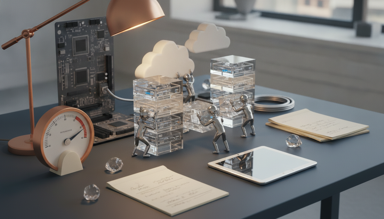 A desk with a lamp, circuit board, cloud shapes, clear stacked blocks, small figurines, a tablet, papers, and crystal-like objects.