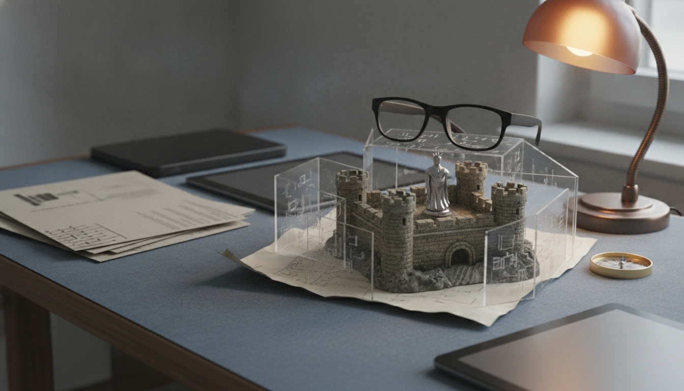 A desk holds a glowing lamp, black glasses, a small castle model in a clear case, papers, and notebooks.