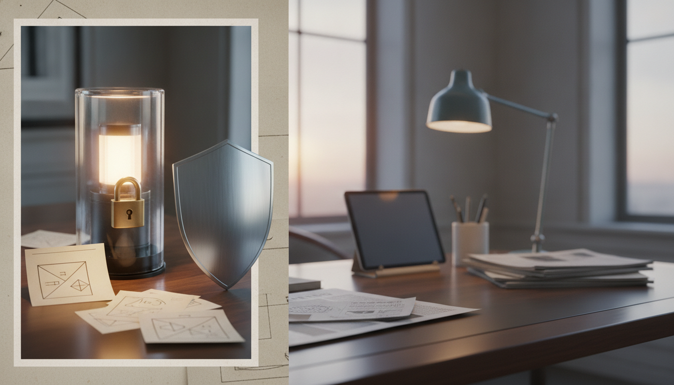 A desk with a lit lamp, tablet, papers, and pen holder sits beside a glowing glass cylinder with a lock and shield.
