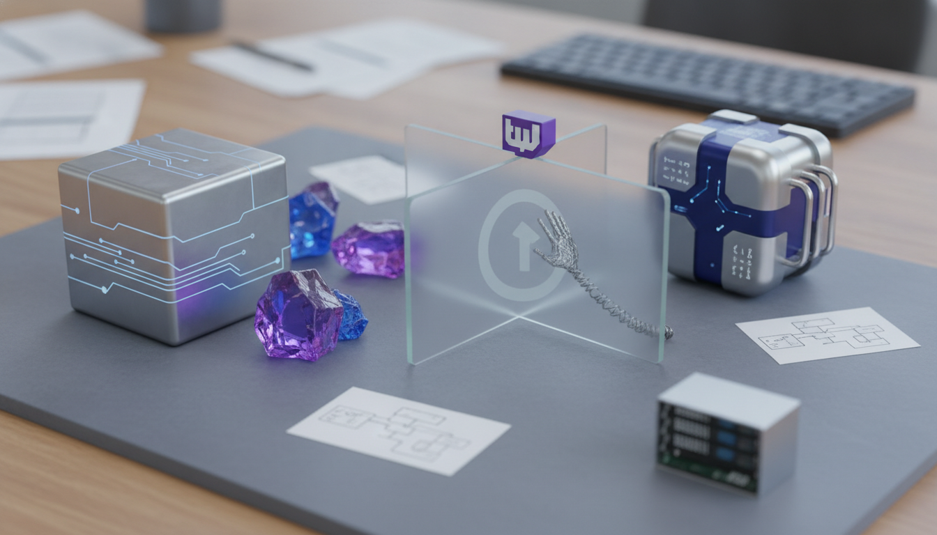 A desk layout with a metallic cube, clear panels, colorful crystals, a small screen-like block, papers, and a keyboard in the background.