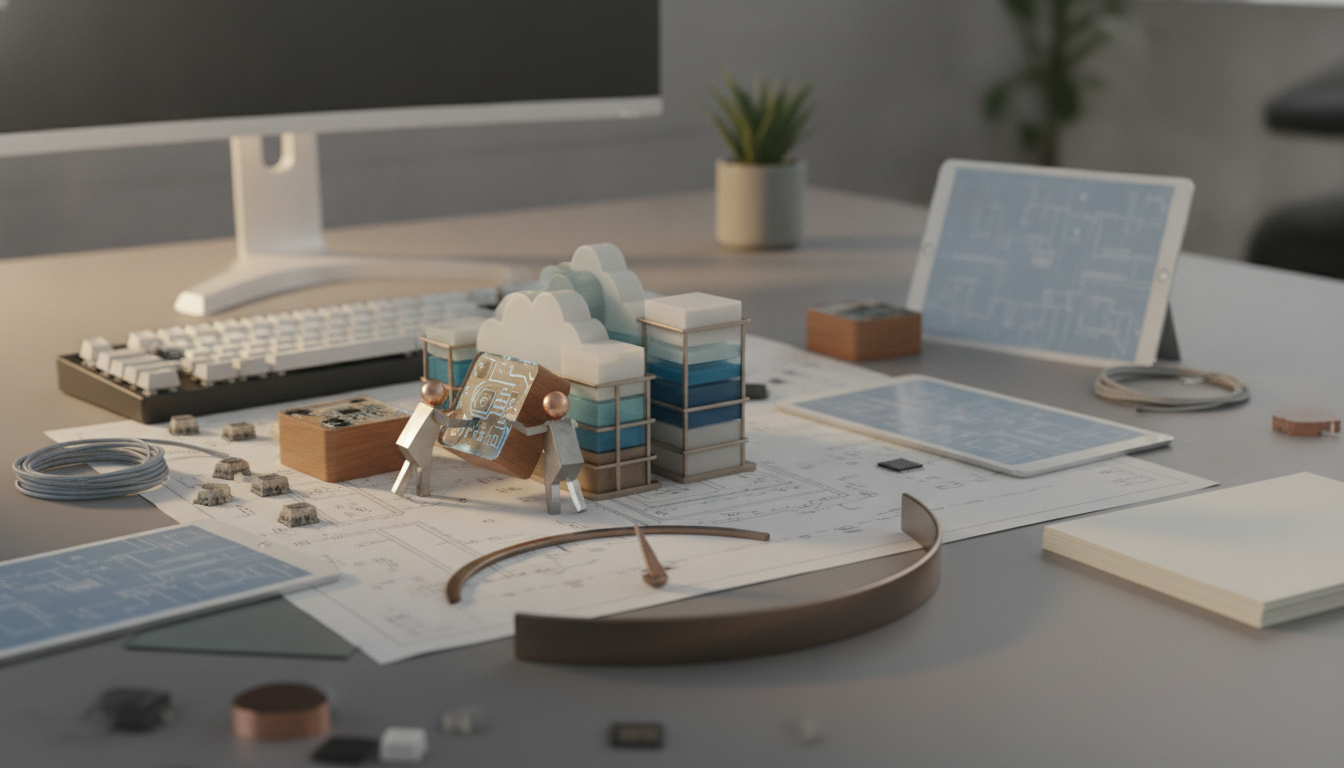 A desk holds a monitor, keyboard, tablet, blueprint papers, small block models, and coiled cables.