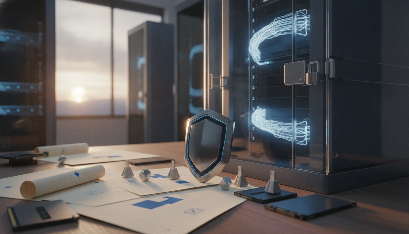 A desk with rolled plans, small metal parts, a shield-shaped object, and a glass case with glowing blue line patterns.