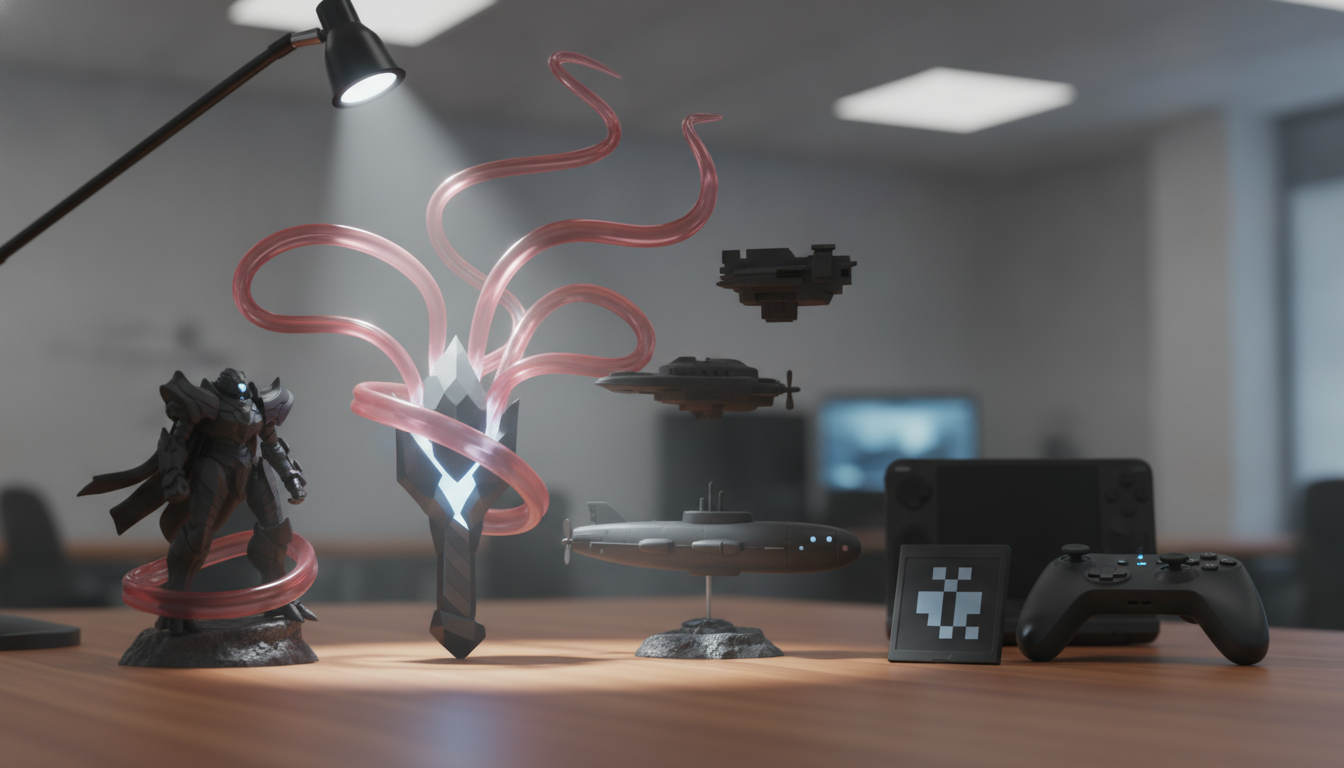 A desk holds a glowing crystal with pink ribbons, a sci-fi figurine, small model ships, a game controller, and a handheld device.