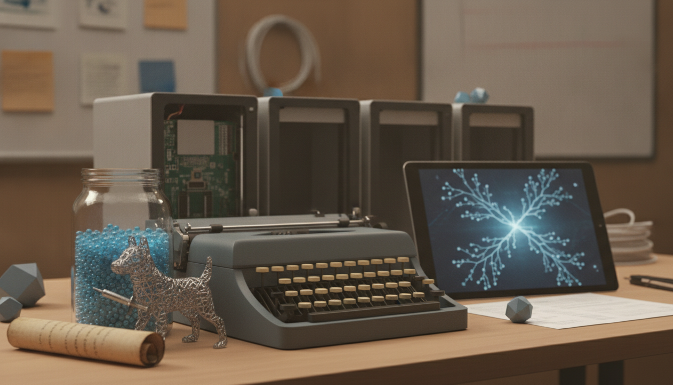 A desk holds a typewriter, a jar of blue beads, a wire dog sculpture, a tablet with branching lines, and rolled paper.