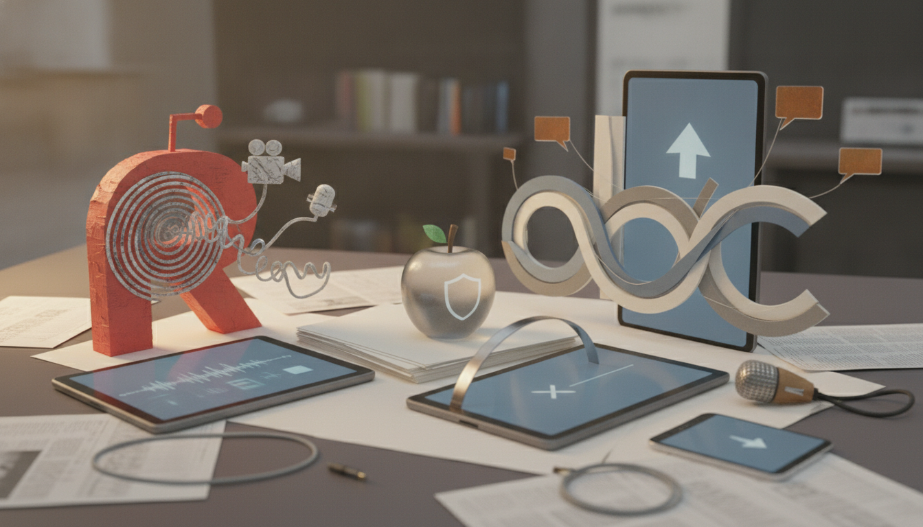 Desktop scene with tablets, a smartphone, scattered papers, a microphone, a silver apple, and abstract 3D shapes with icons.