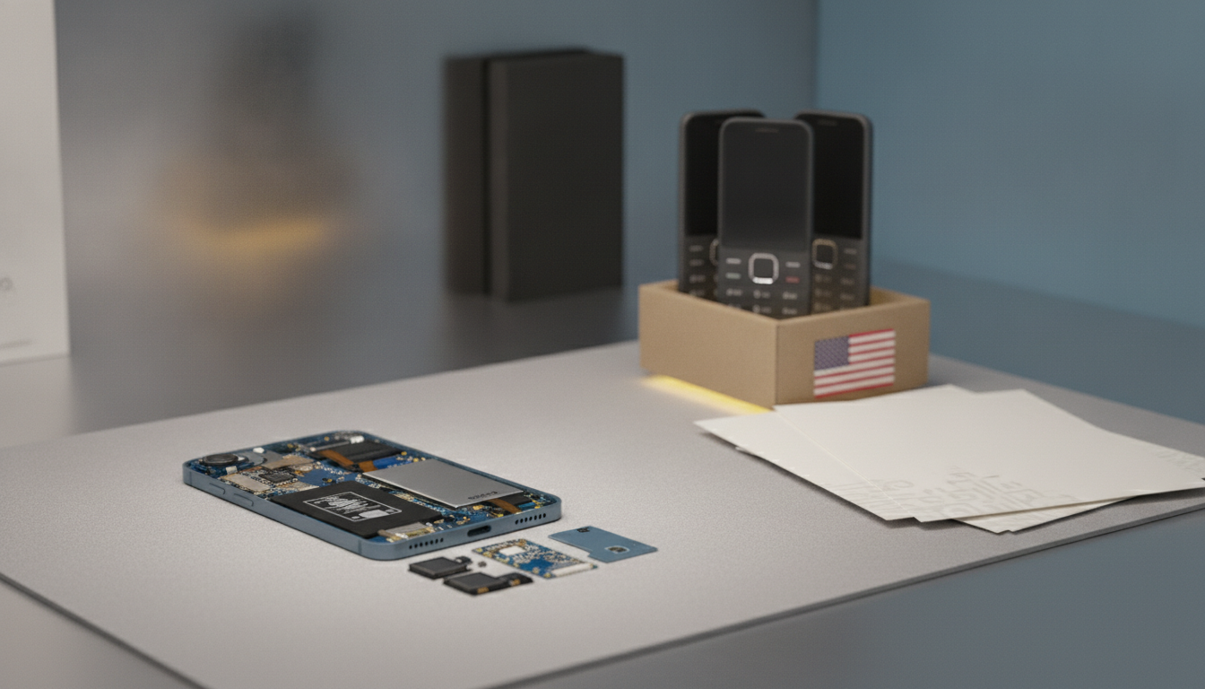 disassembled smartphone parts on a table beside a box holding three phones and a stack of papers