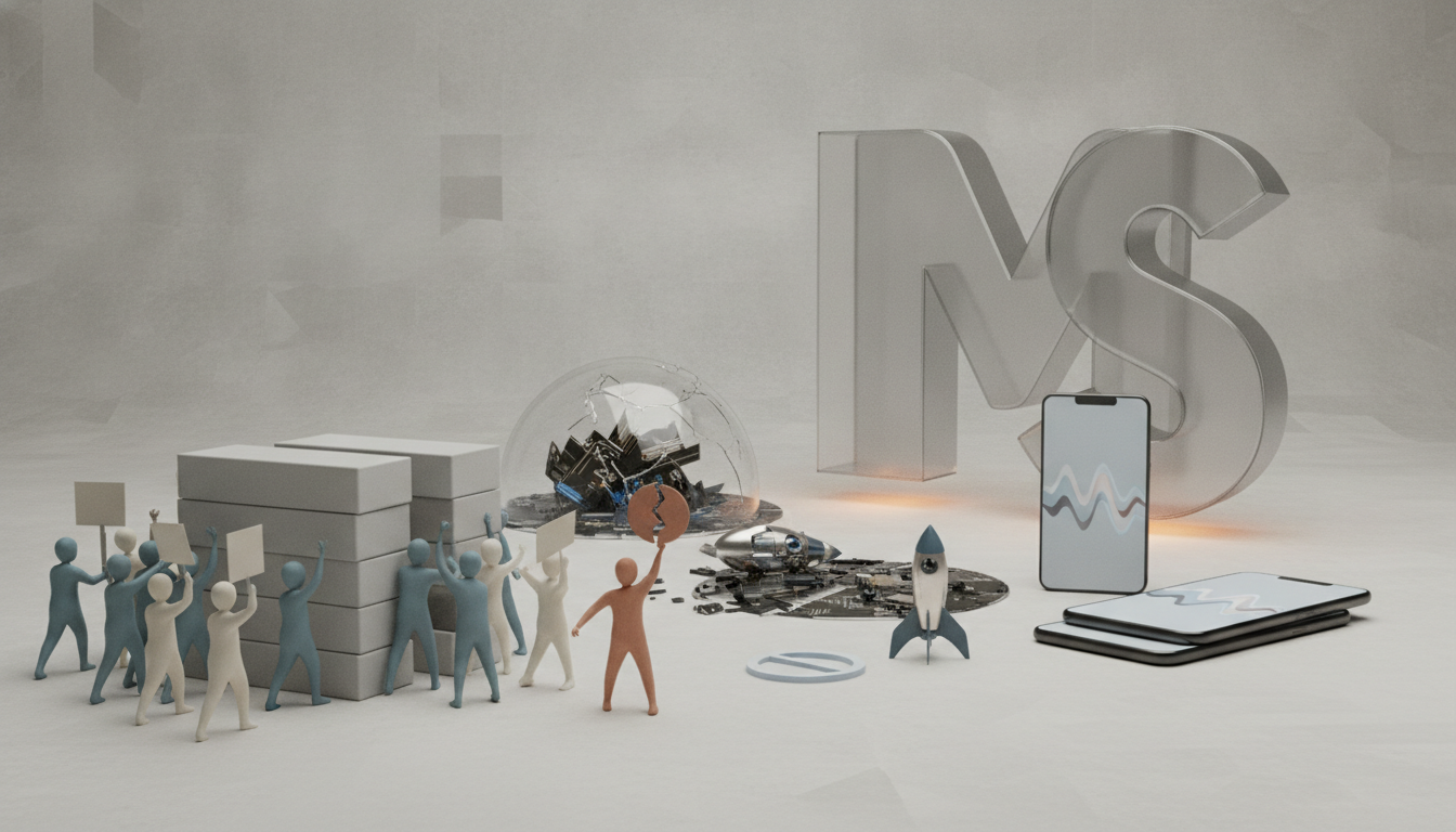 Small figurines hold signs around stacked boxes near a cracked glass dome, large MS letters, two phones, and a small rocket.
