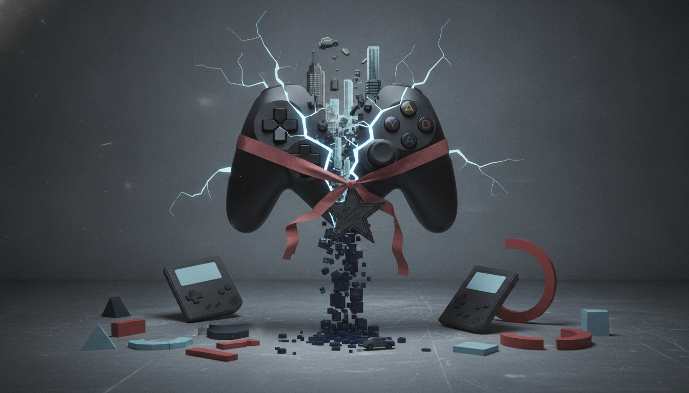 A floating game controller wrapped with a red ribbon, cracking with blue lightning, above two handheld game devices and scattered geometric blocks.