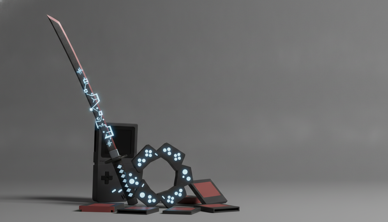 A dark handheld game console leans beside a glowing sword and a ring of lit geometric pieces on a gray surface.