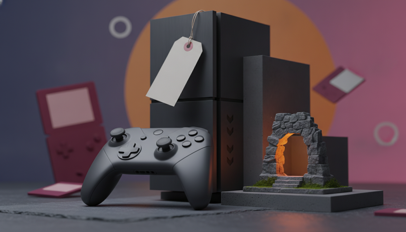 A black game controller sits before stacked dark boxes beside a small stone arch, with pink handheld consoles in the background.