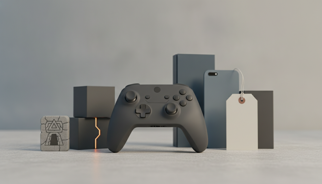 a black game controller stands among stacked blocks, a phone, a hanging tag, and a small engraved stone on a plain surface