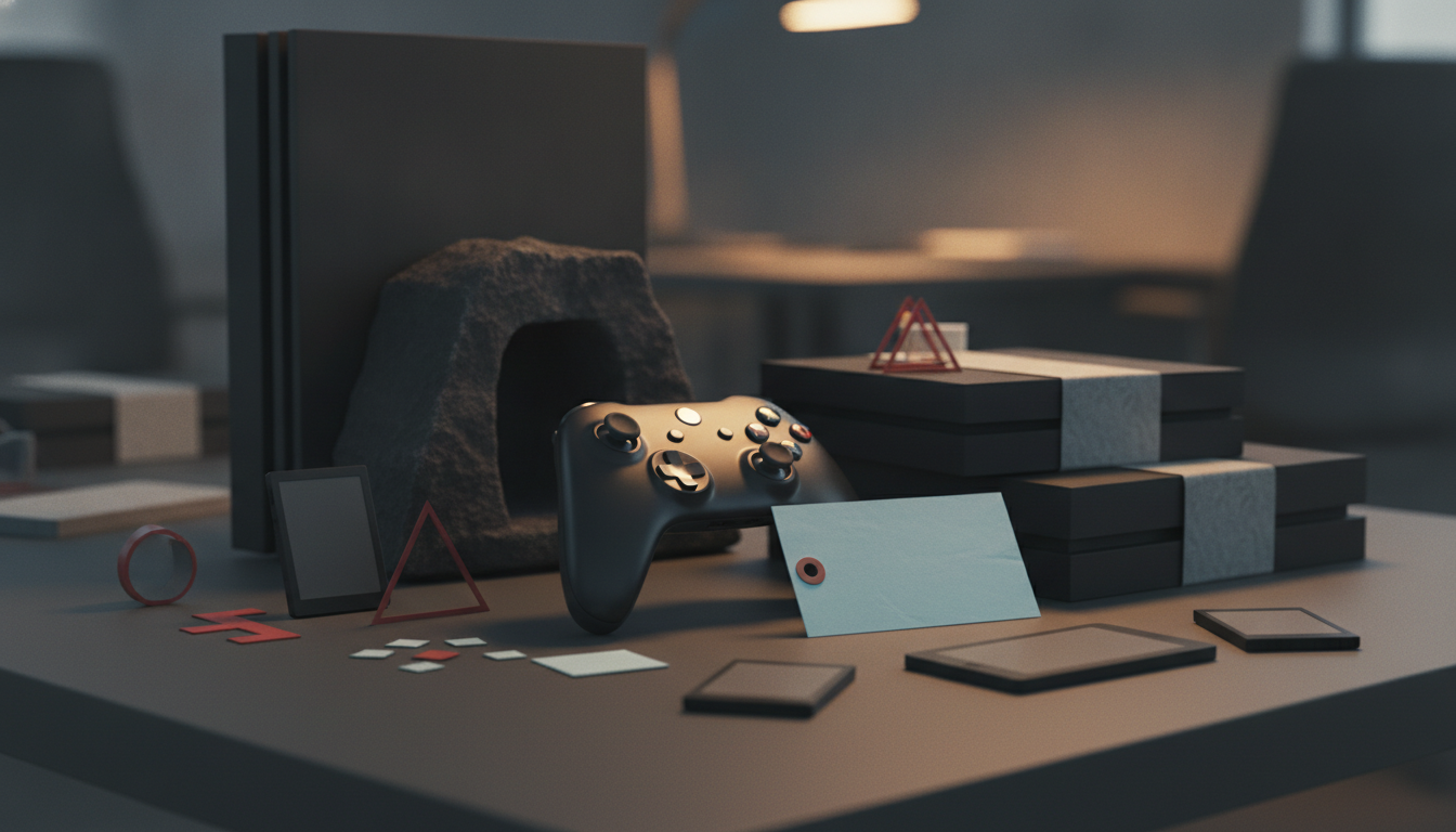 A game controller sits among stacked rectangular blocks, small geometric shapes, and cards on a dim tabletop.
