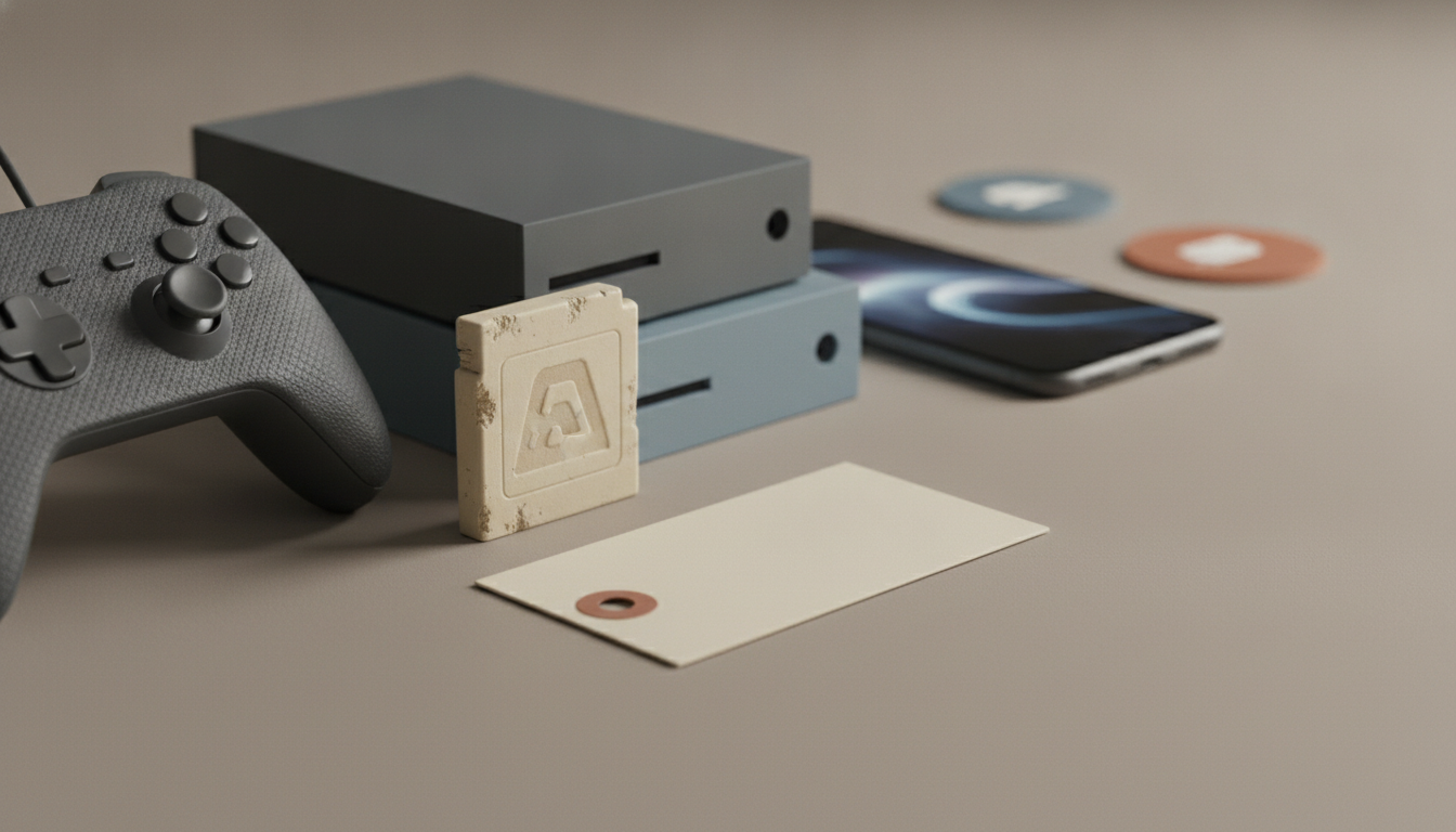 A game controller, stacked boxes, a small card, a blank tag, and a smartphone on a plain surface.