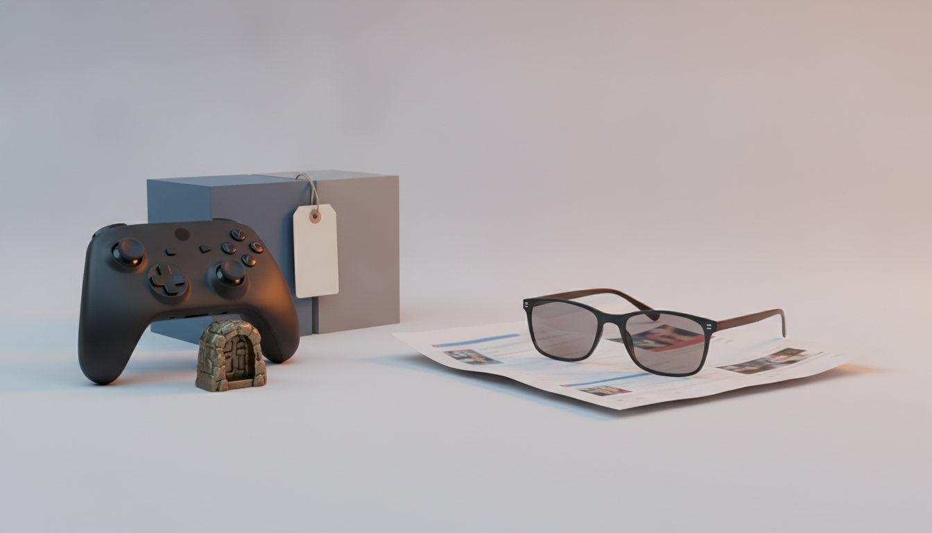A black game controller sits beside two boxes and a blank tag, with glasses resting on a folded paper.
