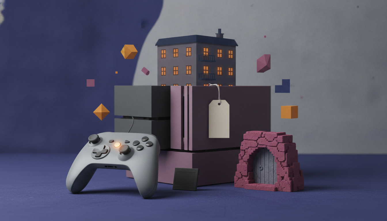 A white game controller sits beside stacked boxes, a hanging tag, a small house model, and a pink rocky archway on a blue surface.