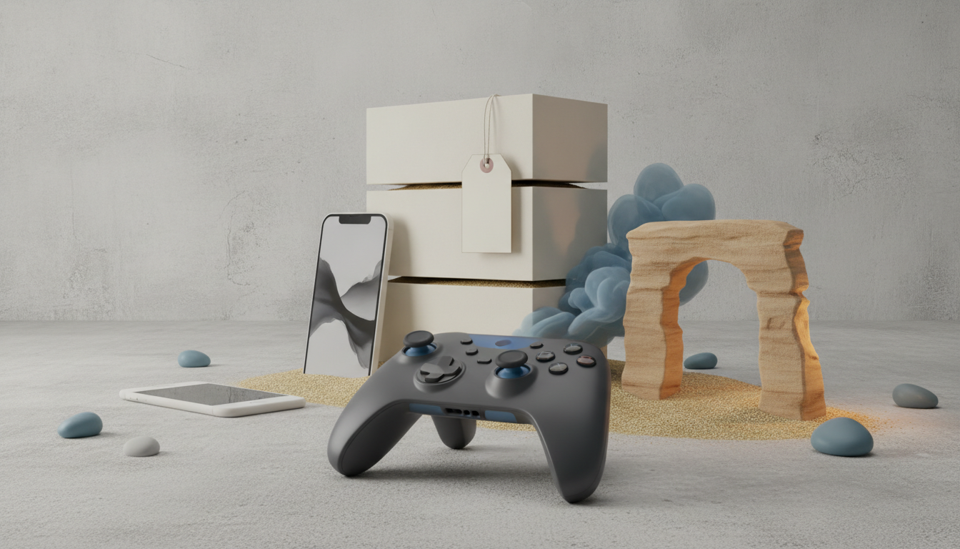A game controller rests in front of stacked boxes, a standing phone, a small tablet, blue smoke, scattered pebbles, and a stone arch.