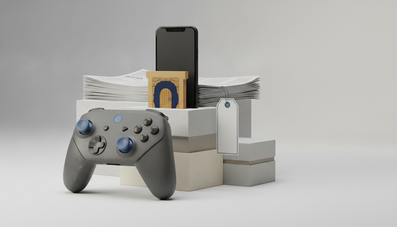 a game controller sits in front of stacked boxes, papers, a smartphone, and a blank hanging tag