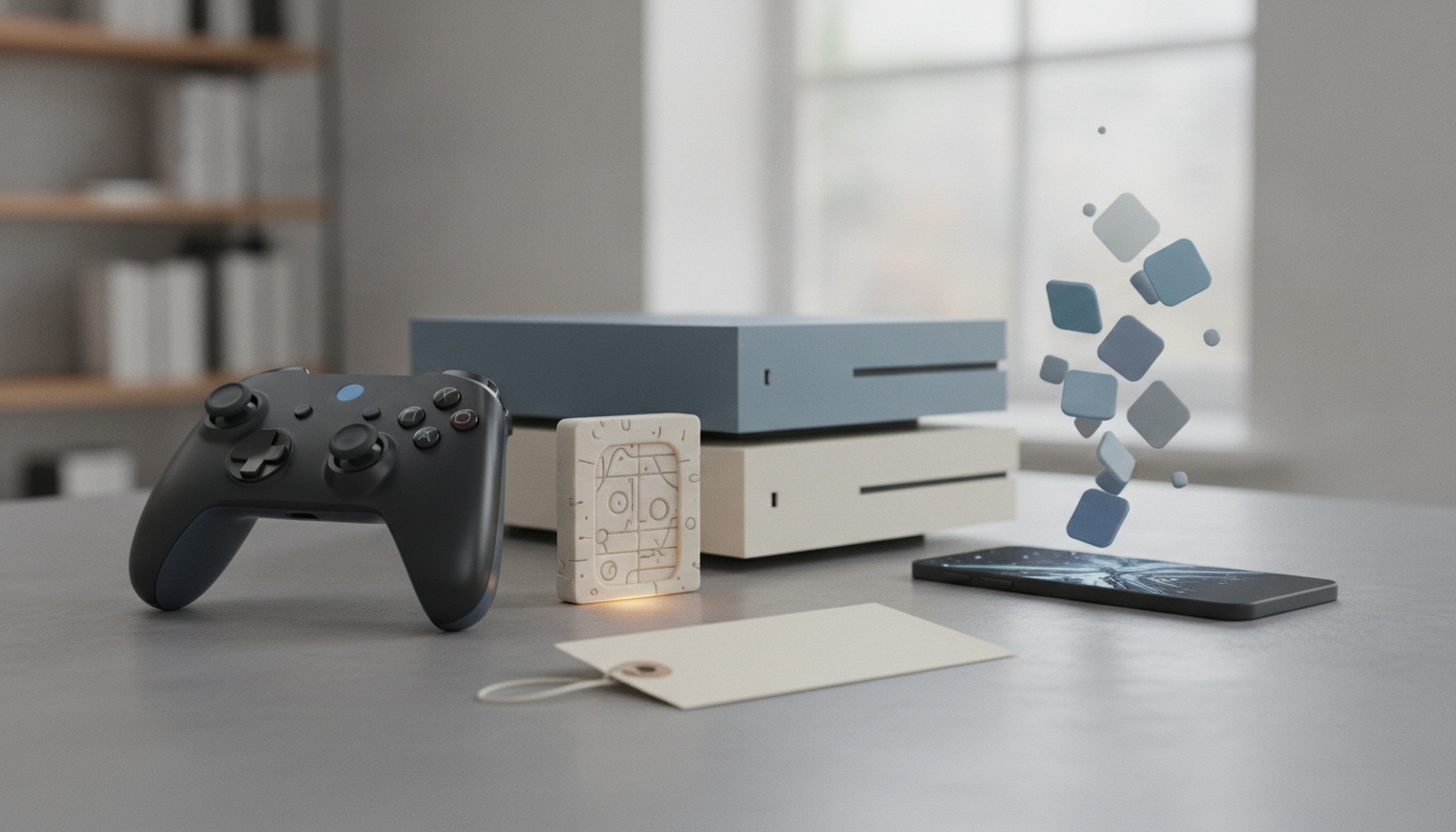 A black game controller sits beside stacked boxes, a small glowing block, a smartphone, and a blank tag on a gray table.
