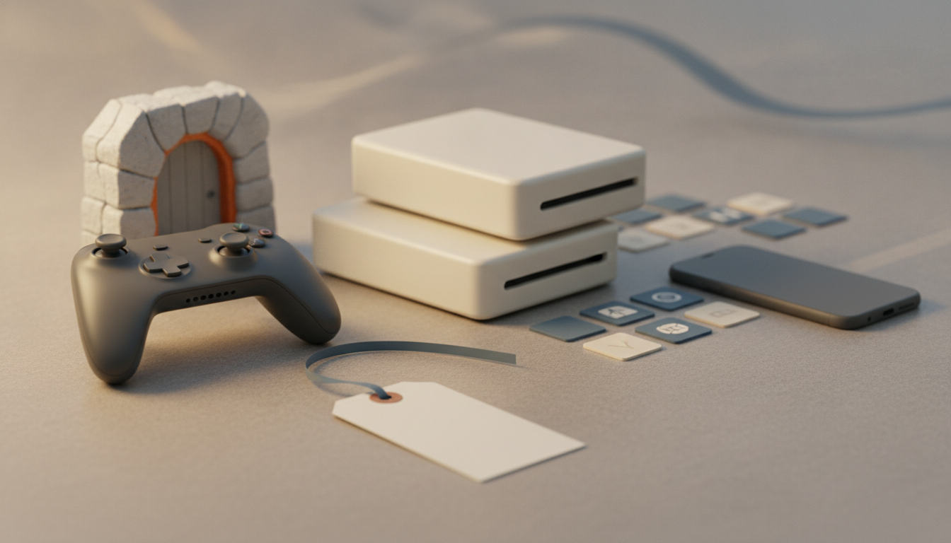 a game controller, two white rectangular boxes, a smartphone, a tag, small tiles, and a stone-framed doorway on a beige surface